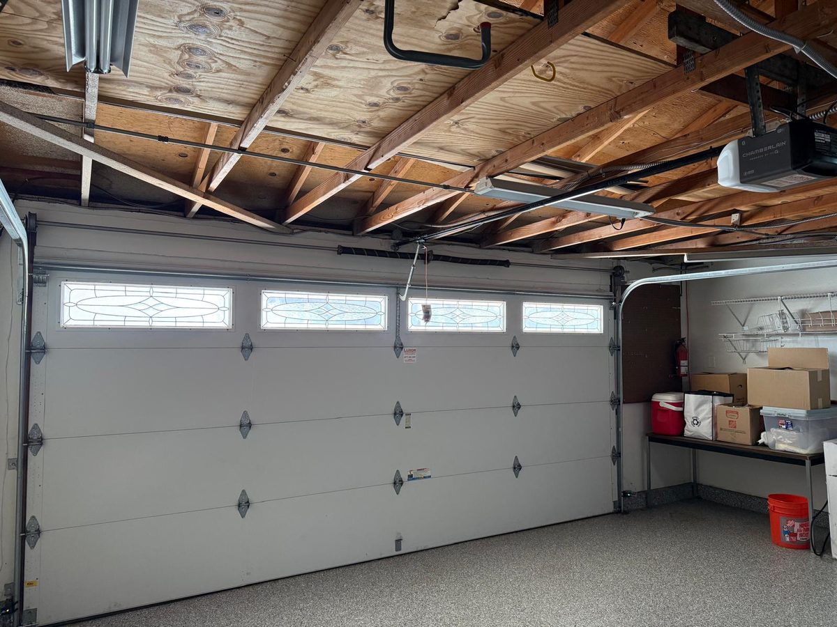 Newly installed garage door, interior view